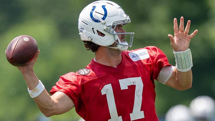 Indianapolis Colts quarterback Daniel Jones (17) throws Wednesday, June 10, 2026, during minicamp at Indiana Farm Bureau Football Center in Indianapolis.