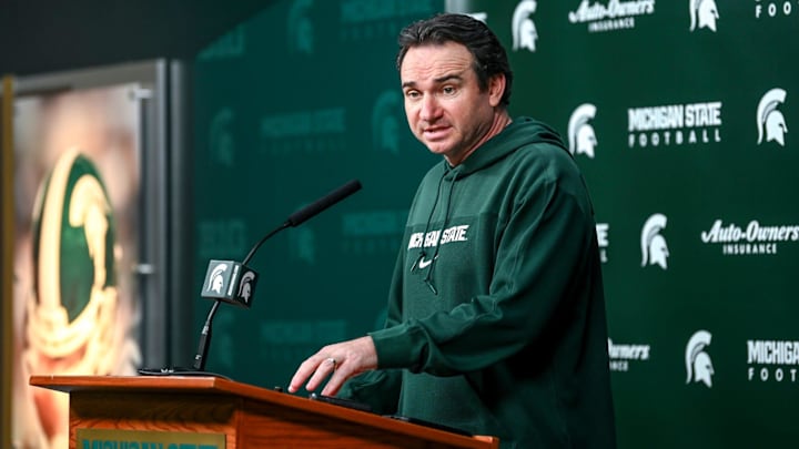 Michigan State coach Jonathan Smith talks the media on the first national signing day for college football recruits Wednesday, Dec. 20, 2023, at Spartan Stadium in East Lansing.