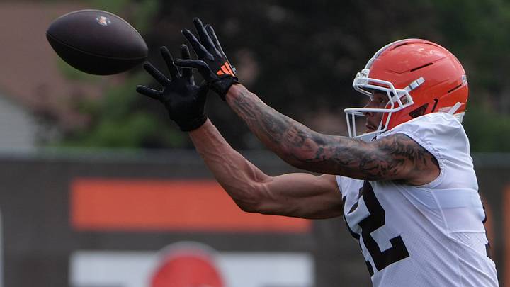 Browns wide receiver Denzel Boston gets set to make a catch during training camp, July, 31, 2026, in Berea.