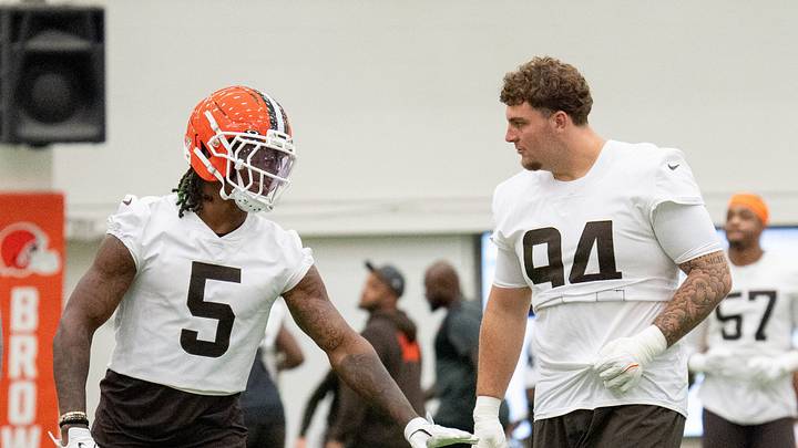 Quincy Williams and Mason Graham talk to each other at the Browns OTA camp in Berea on May 20, 2026. Quincy Williams and Mason Graham talk to each other at the Browns OTA camp in Berea on May 20, 2026.