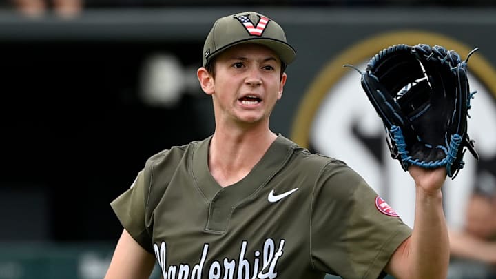 Vanderbilt pitcher Connor Fennell (39) reacts after striking out Georgia's Robbie Burnett for the second out in the sixth inning of an NCAA college baseball game at Hawkins Field Saturday, April 19, 2025, in Nashville, Tenn.