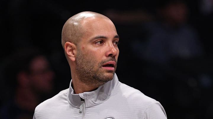 Feb 4, 2025; Brooklyn, New York, USA; Brooklyn Nets head coach Jordi Fernandez looks on during the first quarter against the Houston Rockets  at Barclays Center. Mandatory Credit: Vincent Carchietta-Imagn Images