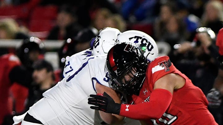 Texas Tech's linebacker Jacob Rodriguez (10) makes a tackle against TCU, Thursday, Nov. 2, 2023, at Jones AT&T Stadium.
