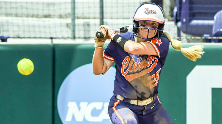 Clemson senior Alex Brown (25) hits against Kentucky during the top of the fifth inning of the NCAA Softball Clemson Regional at McWhorter Stadium in Clemson Sunday, May 18, 2025.