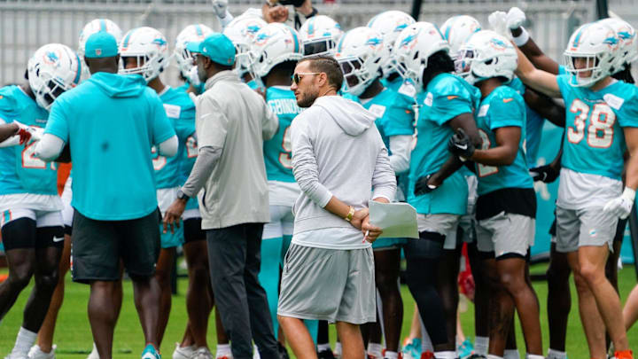 Miami Dolphins watches practice at training camp at Baptist Health Training Complex, Wednesday, July