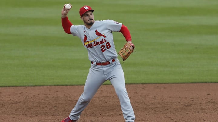Jun 22, 2021; Detroit, Michigan, USA; St. Louis Cardinals third baseman Nolan Arenado (28) makes a throw to first base for an out during the third inning against the Detroit Tigers at Comerica Park.