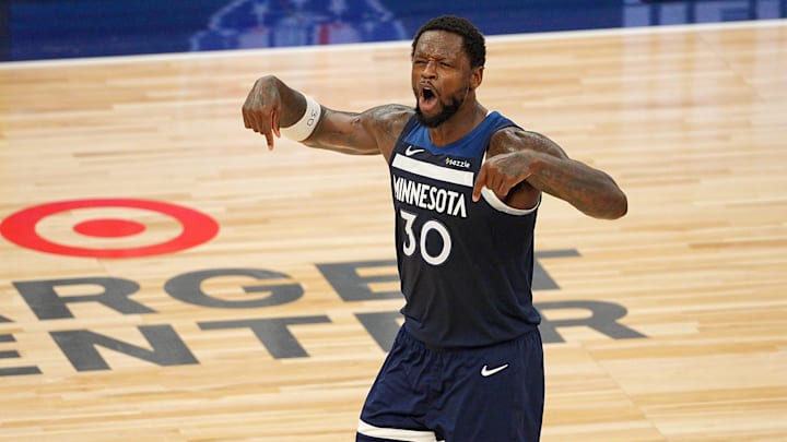 May 24, 2025; Minneapolis, Minnesota, USA; Minnesota Timberwolves forward Julius Randle (30) reacts against the Oklahoma City Thunder during the second half in game three of the western conference finals for the 2025 NBA Playoffs at Target Center.