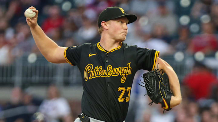 Sep 26, 2025; Cumberland, Georgia, USA; Pittsburgh Pirates pitcher Mitch Keller (23) pitches the ball against the Atlanta Braves during the first inning at Truist Park. Mandatory Credit: Jordan Godfree-Imagn Images