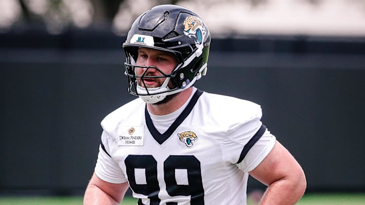 May 10, 2025; Jacksonville, FL, USA; Jacksonville Jaguars defensive lineman James Carpenter (99) participates in a drill during rookie minicamp at Miller Electric Center. Mandatory Credit: Travis Register-Imagn Images