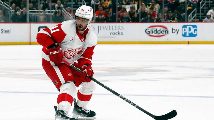 Apr 11, 2024; Pittsburgh, Pennsylvania, USA;  Detroit Red Wings defenseman Shayne Gostisbehere (41) handles the puck against the Pittsburgh Penguins during the second period at PPG Paints Arena. Mandatory Credit: Charles LeClaire-Imagn Images