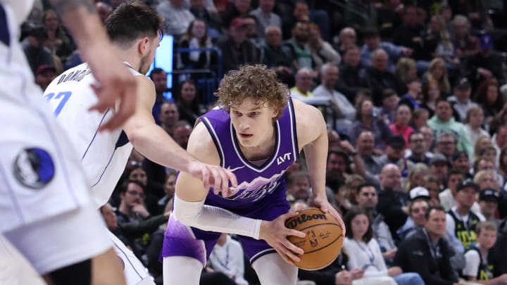 Mar 25, 2024; Salt Lake City, Utah, USA; Utah Jazz forward Lauri Markkanen (23) looks to move the ball against the Dallas Mavericks during the third quarter at Delta Center. Mandatory Credit: Rob Gray-USA TODAY Sports