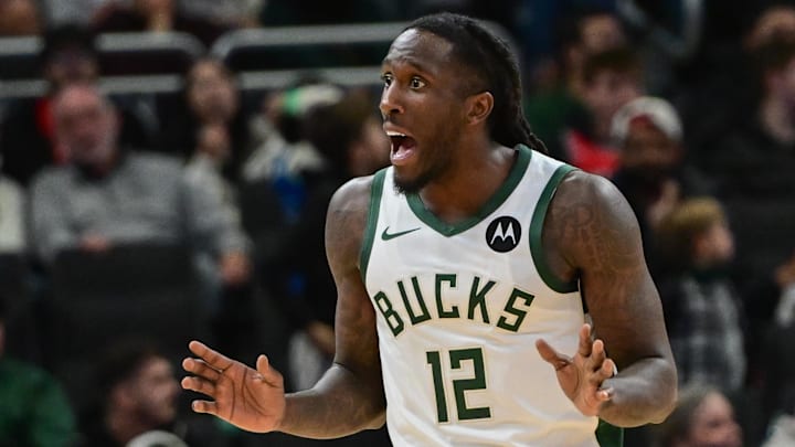 Milwaukee Bucks guard Taurean Prince reacts after a foul call in the third quarter against the Chicago Bulls at Fiserv Forum on October 14, 2024.