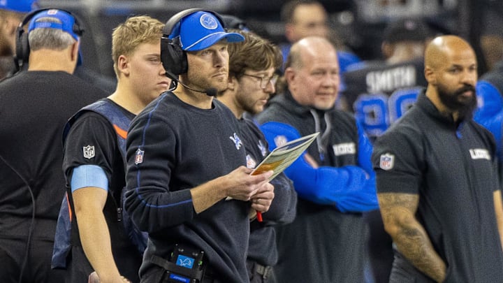 Jan 5, 2025; Detroit, Michigan, USA; Detroit Lions Offensive Coordinator Ben Johnson call plays from the sidelines against the Minnesota Vikings during the second half at Ford Field. Mandatory Credit: David Reginek-Imagn Images
