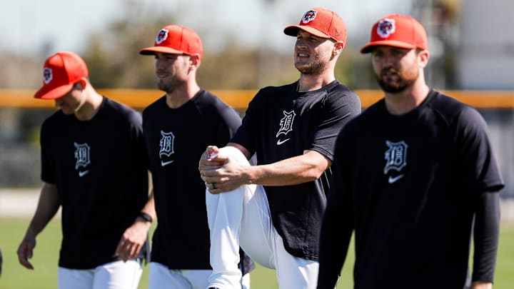 Detroit Tigers pitchers including Joey Wentz, Matt Manning, and Casey Mize, warm up during Spring Training.