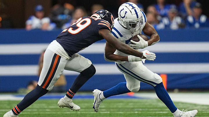 Tyrique Stevenson delivers a jolt after allowing a completion by the Colts in a preseason game last year. Tyrique Stevenson delivers a jolt after allowing a completion by the Colts in a preseason game last year.