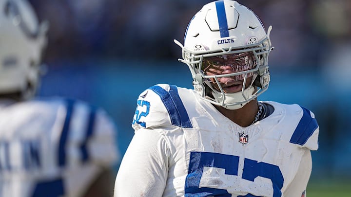 Indianapolis Colts defensive end Samson Ebukam (52) walks the sidelines Sunday, Dec. 3, 2023, during a game against the Tennessee Titans at Nissan Stadium in Nashville, Tenn.