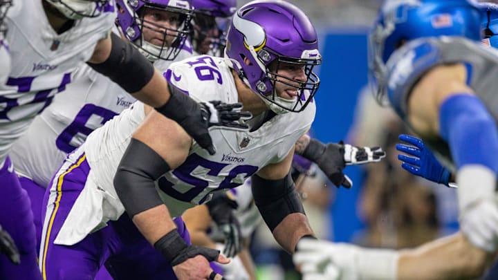 Minnesota Vikings center Garrett Bradbury (56) protects his quarterback during a play against the Detroit Lions defense at Ford Field in Detroit on Sunday, Jan. 7, 2024. Minnesota Vikings center Garrett Bradbury (56) protects his quarterback during a play against the Detroit Lions defense at Ford Field in Detroit on Sunday, Jan. 7, 2024.