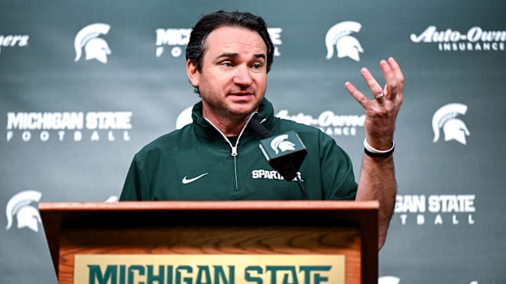 Michigan State coach Jonathan Smith talks the media on the first national signing day for college football recruits Wednesday, Dec. 4, 2024, at Spartan Stadium in East Lansing.