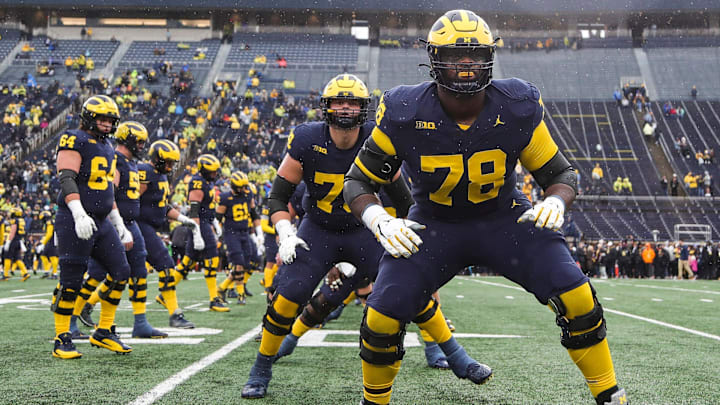 Michigan offensive lineman Myles Hinton (78) warms up before the Indiana game at Michigan Stadium in Ann Arbor on Saturday, Oct. 14, 2023.