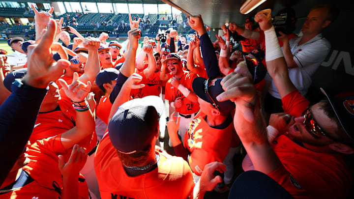 The No. 9 Auburn Tigers celebrate after completing the three-game sweep of No. 3 LSU.