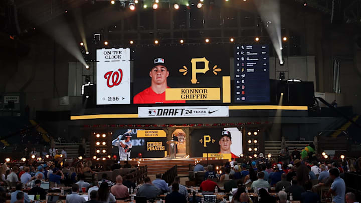 Jul 14, 2024; Ft. Worth, TX, USA; The Pittsburgh Pirates draft Konnor Griffin with the ninth pick during the first round of the MLB Draft at Cowtown Coliseum. Mandatory Credit: Kevin Jairaj-Imagn Images