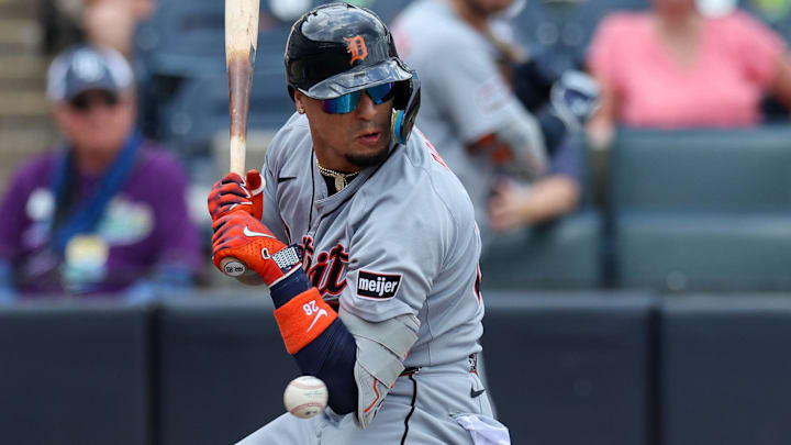 Detroit Tigers shortstop Javier Baez (28) is hit by a pitch against the Tampa Bay Rays in the fourth inning at George M. Steinbrenner Field.