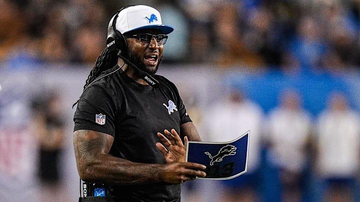 Detroit Lions defensive coordinator Kelvin Sheppard reacts to a play against LA Chargers during the second half of the Hall of Fame Game at Tom Benson Hall of Fame Stadium in Canton, Ohio on Thursday, July 31, 2025.