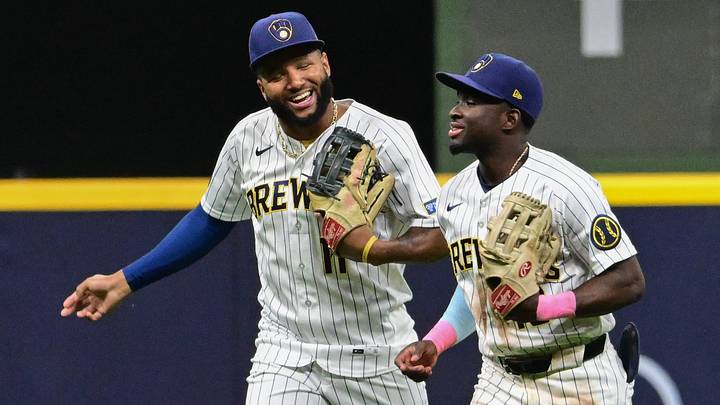 Aug 29, 2026; Milwaukee, Wisconsin, USA; Milwaukee Brewers left fielder Jackson Chourio (11) and right fielder Luis Lara (18) celebrate after beating the Texas Rangers at American Family Field. Mandatory Credit: Benny Sieu-Imagn Images Aug 29, 2026; Milwaukee, Wisconsin, USA; Milwaukee Brewers left fielder Jackson Chourio (11) and right fielder Luis Lara (18) celebrate after beating the Texas Rangers at American Family Field. Mandatory Credit: Benny Sieu-Imagn Images