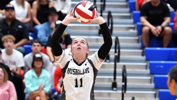 Bushland's Morgan Eberly sets the ball during the UIL 3A Division I Volleyball State Semifinal against Ponder on Saturday, Nov. 15, 2025 at Legacy High School.