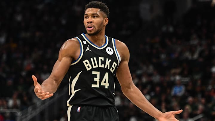 Oct 29, 2022; Milwaukee, Wisconsin, USA; Milwaukee Bucks forward Giannis Antetokounmpo (34) reacts after a foul call in the third quarter against the Atlanta Hawks at Fiserv Forum. Mandatory Credit: Benny Sieu-Imagn Images