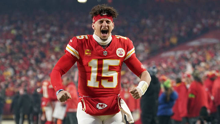 Jan 26, 2025; Kansas City, MO, USA; Kansas City Chiefs quarterback Patrick Mahomes (15) reacts before the AFC Championship game against the Buffalo Bills at GEHA Field at Arrowhead Stadium. Mandatory Credit: Denny Medley-Imagn Images Jan 26, 2025; Kansas City, MO, USA; Kansas City Chiefs quarterback Patrick Mahomes (15) reacts before the AFC Championship game against the Buffalo Bills at GEHA Field at Arrowhead Stadium. Mandatory Credit: Denny Medley-Imagn Images