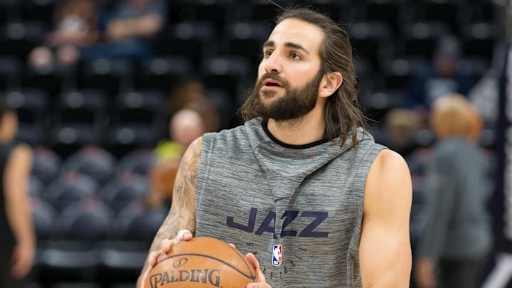 Mar 25, 2019; Salt Lake City, UT, USA; Utah Jazz guard Ricky Rubio (3) warms up prior to a game against the Phoenix Suns at Vivint Smart Home Arena. Mandatory Credit: Russ Isabella-Imagn Images