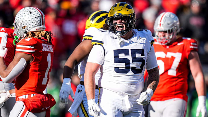 Michigan defensive lineman Mason Graham (55) celebrates a play against Ohio State during the second half at Ohio Stadium in Columbus, Ohio on Saturday, Nov. 30, 2024.