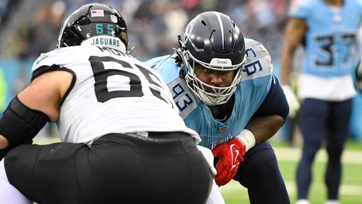 Dec 8, 2024; Nashville, Tennessee, USA;   Tennessee Titans defensive tackle T'Vondre Sweat (93) against the Jacksonville Jaguars during the first half at Nissan Stadium. 