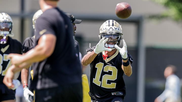 Jun 2, 2022; Metairie, LA, USA;  New Orleans Saints Chris Olave (12) during organized team