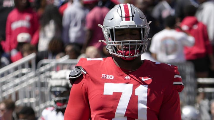 April 13, 2024; Columbus, Ohio, USA;
Ohio State Buckeyes offensive tackle Josh Simmons (71) competes during the first half of the LifeSports spring football game at Ohio Stadium on Saturday. April 13, 2024; Columbus, Ohio, USA;
Ohio State Buckeyes offensive tackle Josh Simmons (71) competes during the first half of the LifeSports spring football game at Ohio Stadium on Saturday.