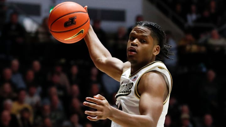 Purdue Boilermakers guard Gicarri Harris (24) grabs a rebound 