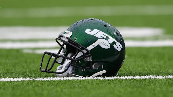Dec 29, 2019; Orchard Park, New York, USA; General view of a New York Jets helmet prior to the game against the Buffalo Bills at New Era Field. Mandatory Credit: Rich Barnes-Imagn Images