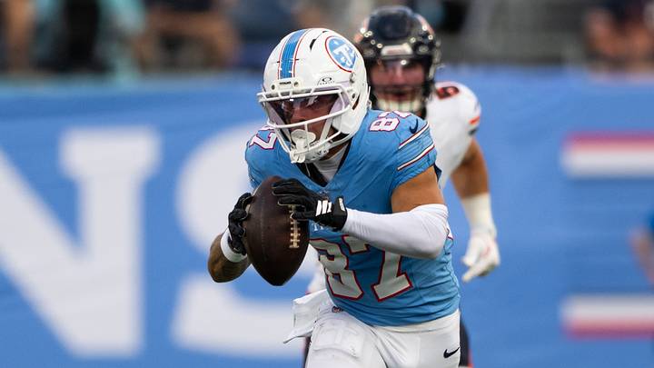 Aug 29, 2026; Nashville, Tennessee, USA; Tennessee Titans wide receiver Xavier Restrepo (87) makes a catch against the Chicago Bears during the first half at Nissan Stadium. Mandatory Credit: Steve Roberts-Imagn Images Aug 29, 2026; Nashville, Tennessee, USA; Tennessee Titans wide receiver Xavier Restrepo (87) makes a catch against the Chicago Bears during the first half at Nissan Stadium. Mandatory Credit: Steve Roberts-Imagn Images