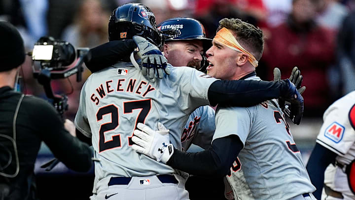 Detroit Tigers outfielder Kerry Carpenter (30) celebrates batting a 3-run home run against Cleveland Guardians during the ninth inning of Game 2 of ALDS at Progressive Field in Cleveland, Ohio on Monday, Oct. 7, 2024. Detroit Tigers outfielder Kerry Carpenter (30) celebrates batting a 3-run home run against Cleveland Guardians during the ninth inning of Game 2 of ALDS at Progressive Field in Cleveland, Ohio on Monday, Oct. 7, 2024.