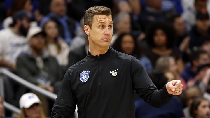 Mar 27, 2026; Washington, DC, USA; Duke Blue Devils head coach Jon Scheyer reacts in the first half during a Sweet Sixteen game of the East Regional of the men's 2026 NCAA Tournament at Capital One Arena. Mandatory Credit: Geoff Burke-Imagn Images