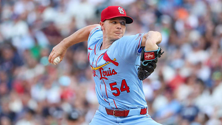Aug 24, 2024; Minneapolis, Minnesota, USA; St. Louis Cardinals starting pitcher Sonny Gray (54) delivers a pitch against the Minnesota Twins during the first inning at Target Field. Mandatory Credit: Matt Krohn-Imagn Images