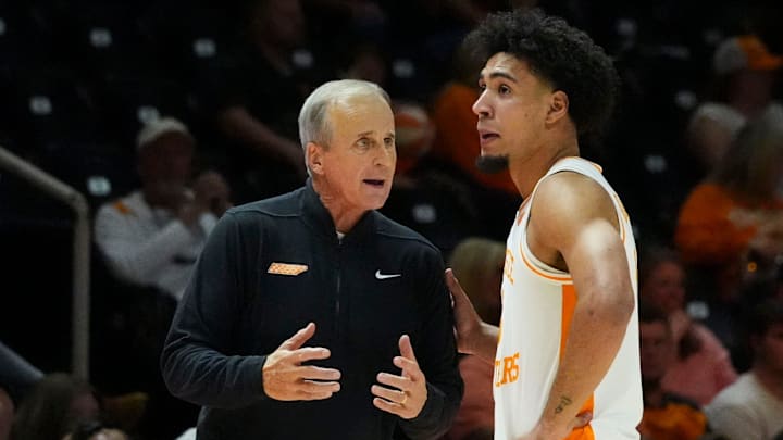 Tennessee basketball coach Rick Barnes talks with Bishop Boswell (3) during an NCAA college basketball game against Austin Peay on Sunday, Nov. 17, 2024, in Knoxville, Tenn.
