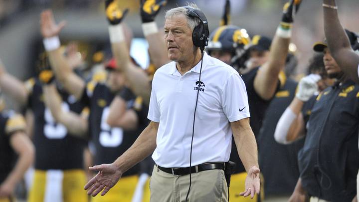 Sep 10, 2022; Iowa City, Iowa, USA; Iowa Hawkeyes head coach Kirk Ferentz reacts during the fourth quarter against the Iowa State Cyclones at Kinnick Stadium. Mandatory Credit: Jeffrey Becker-Imagn Images Sep 10, 2022; Iowa City, Iowa, USA; Iowa Hawkeyes head coach Kirk Ferentz reacts during the fourth quarter against the Iowa State Cyclones at Kinnick Stadium. Mandatory Credit: Jeffrey Becker-Imagn Images