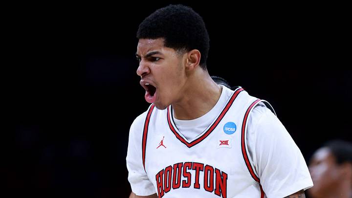 Houston's Chris Cenac Jr. (5) cheers during a second-round game in the NCAA men's basketball tournament between Houston Cougars and Texas A&M Aggies at Paycom Center in Oklahoma City, Saturday March 21, 2026.