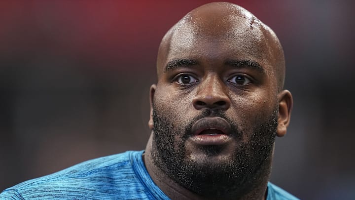 Jan 5, 2025; Atlanta, Georgia, USA; Carolina Panthers offensive tackle Taylor Moton (72) on the field prior to the game against the Atlanta Falcons at Mercedes-Benz Stadium. Jan 5, 2025; Atlanta, Georgia, USA; Carolina Panthers offensive tackle Taylor Moton (72) on the field prior to the game against the Atlanta Falcons at Mercedes-Benz Stadium.