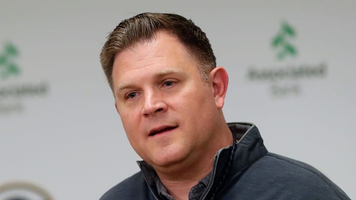 Green Bay Packers general manager Brian Gutekunst speaks to media after trading quarterback Aaron Rodgers to the New York Jets on April 25, 2023, at Lambeau Field in Green Bay, Wis.

Gpg Gutekunstpresser 042623 Sk27