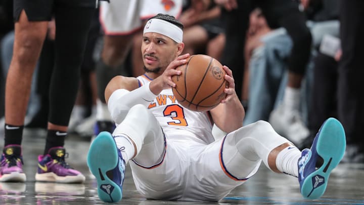 Jan 21, 2025; Brooklyn, New York, USA;  New York Knicks guard Josh Hart (3) looks up after getting fouled in the second quarter against the Brooklyn Nets at Barclays Center. Mandatory Credit: Wendell Cruz-Imagn Images