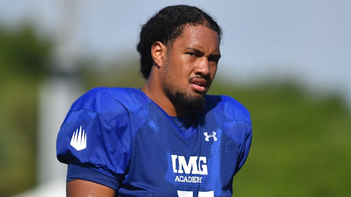 Offensive lineman Pepe Keenyi (#71) during practice on Friday, Aug. 2, 2024 on IMG Academy Football Media Day in Bradenton, Florida. Offensive lineman Pepe Keenyi (#71) during practice on Friday, Aug. 2, 2024 on IMG Academy Football Media Day in Bradenton, Florida.