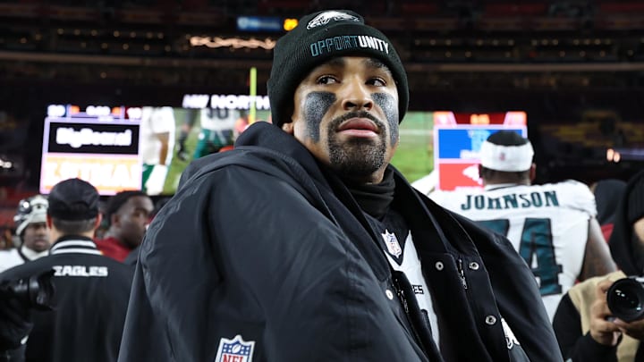 Dec 20, 2025; Landover, Maryland, USA; Philadelphia Eagles quarterback Jalen Hurts (1) looks on after defeating the Washington Commanders at Northwest Stadium. Mandatory Credit: Geoff Burke-Imagn Images